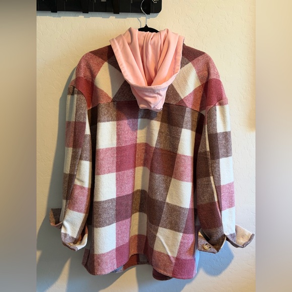 Kori Pink and Brown Plaid hooded Jacket - Picture 3 of 4